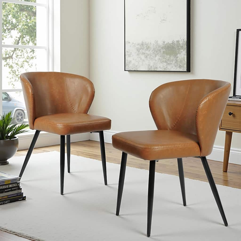 PU-Dining Chairs, Upholstered & Comfortable Seat, Metal Legs Side Chair, Set of 2, Brown