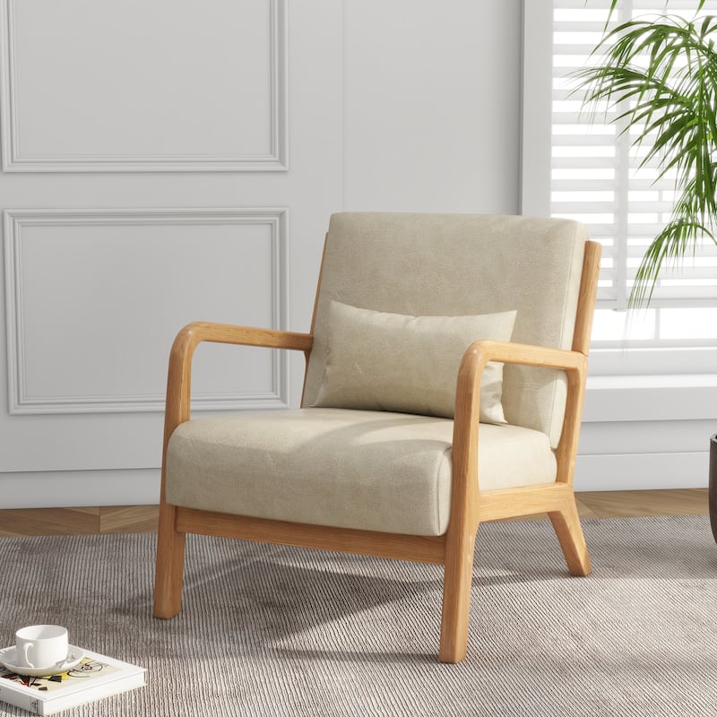 Mid Century Solid Wood Upholstered Accent Chair - CREAM/PU/NATURAL WOOD HIGH SIDE FRAME