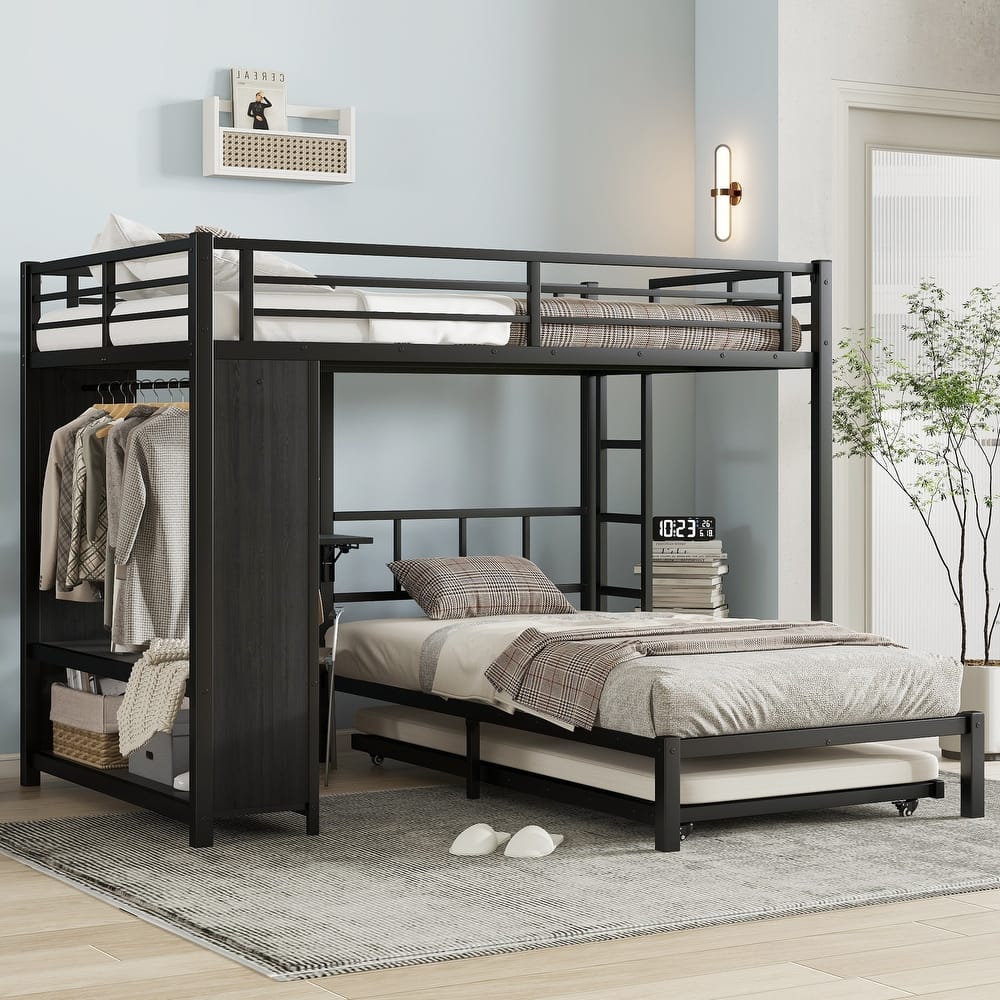Roomfitters Twin/Full/Queen Metal Bunk Bed with Built-in Wardrobe, Trundle & Foldable Desk, Noise-Reduced Design, Black
