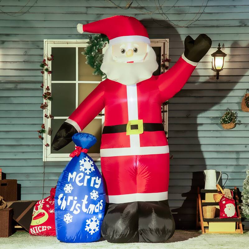 Outsunny 8ft Inflatable Christmas Smiling Santa Claus with Gift Bag, Blow-Up Outdoor LED - Polyester - Red