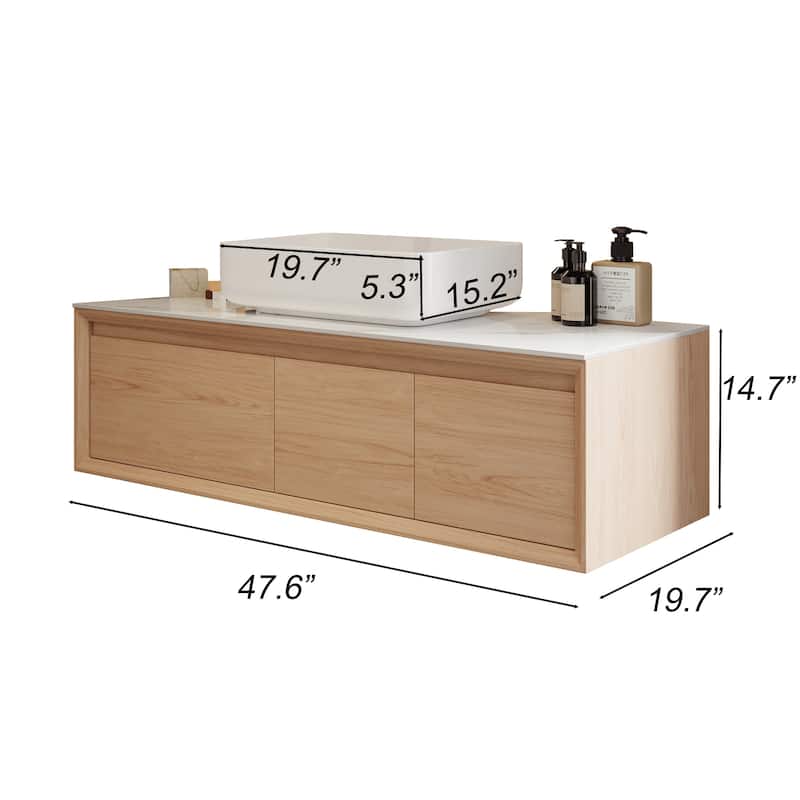 48" Modern Floading Single Bathroom Vanities, Solid Wood, Glossy Stone Vessel, Brown &Light Wood, Not Assembled Need