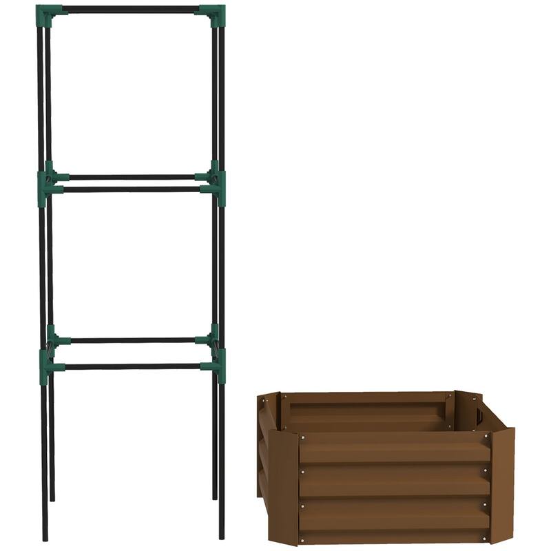 Galvanized Steel Raised Garden Bed with Adjustable Trellis for Vegetables Fruits and Flowers Outdoor Planter - 24" W x 24" D x 55" H - Brown