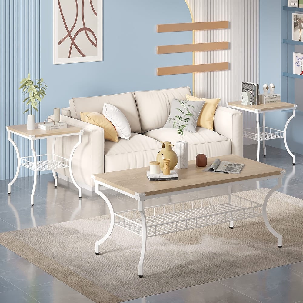 VECELO Mid Cectury 3-pieces Coffee Table Set, 3-Piece Living Room Table Set(Set of 3)