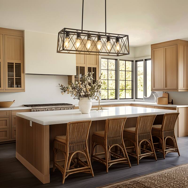 YANSUN 6-Light All-Black Iron Frame Island Pendant Light with Cross-Mesh Design and Hanging Rod, E26 Base