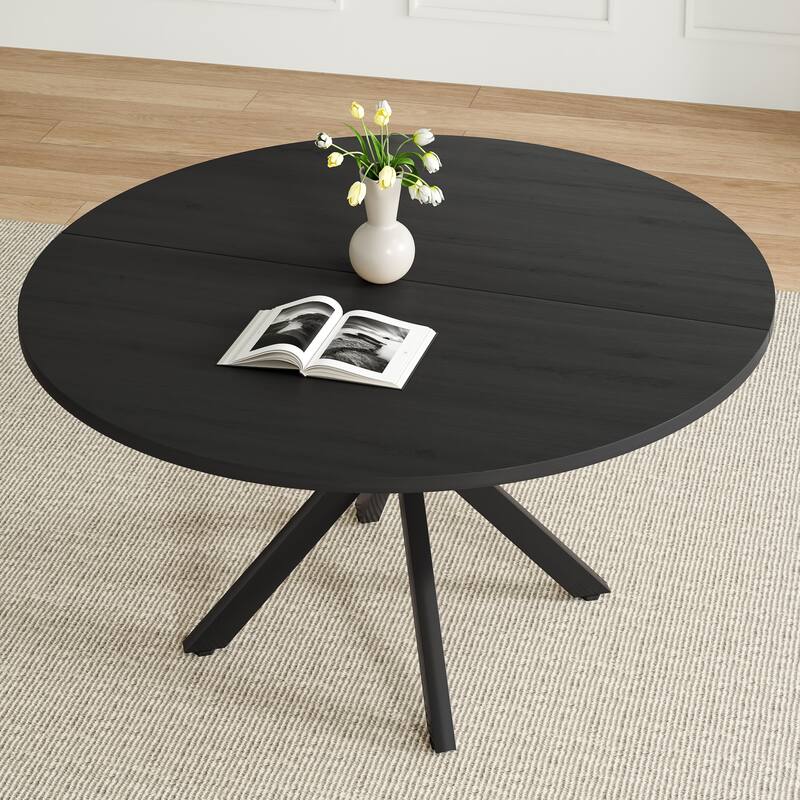47 Inch Round Dining Table for 4-6 People, Mid Century Modern Kitchen Table with Sturdy Base, Wood Dining Table - Black - Black