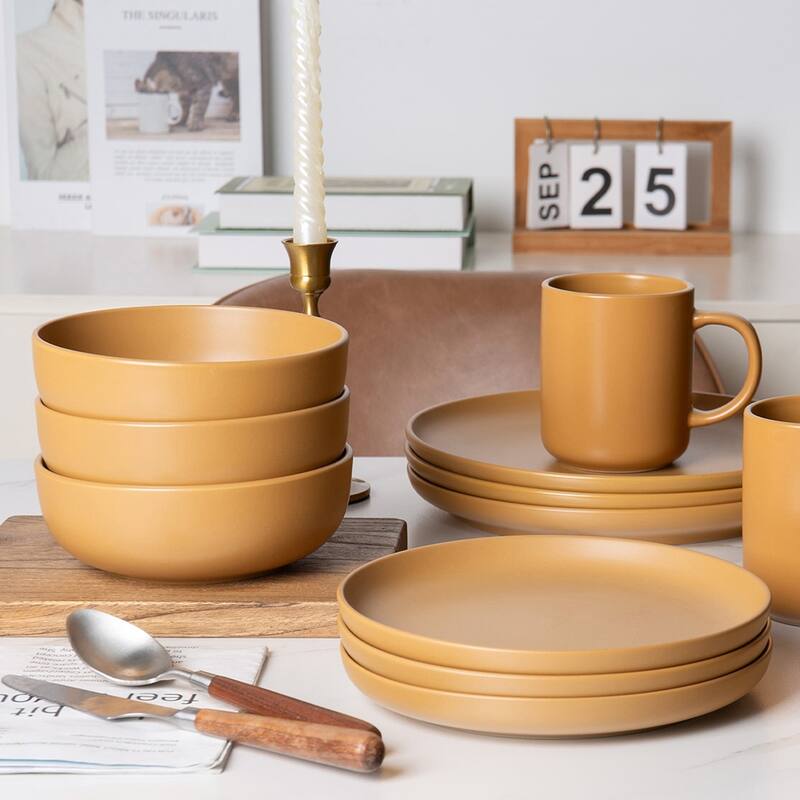 12PCS Stoneware Dinnerware Set, Microwave Dishwasher Safe Stackable