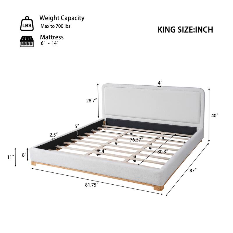 King/Queen Size Bed Frame with Boucle Upholstered Curved Headboard and Solid Wood Platform