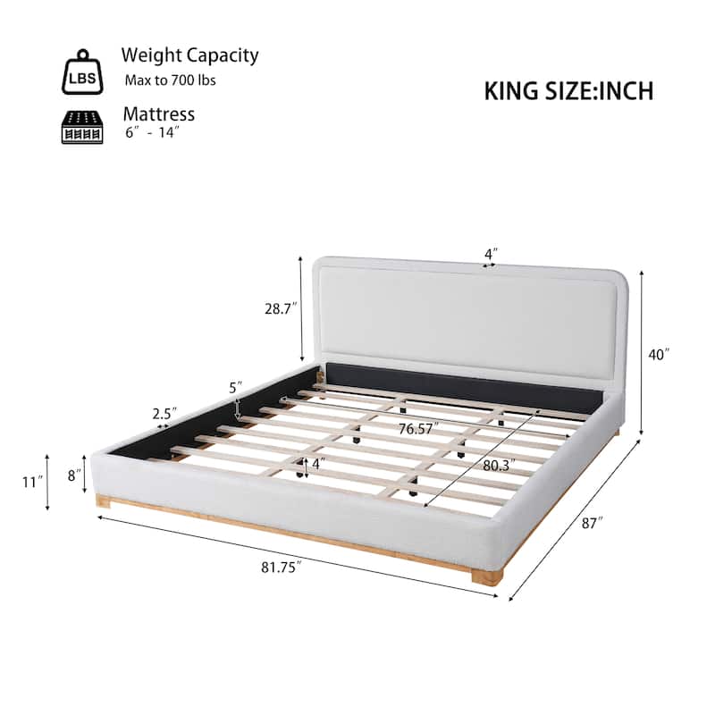 White Platform Bed Wingback Frame with Boucle Upholstered Curved Headboard, Solid Wood Base Low Profile Bed