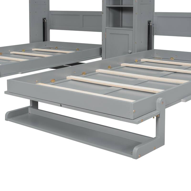 Dual Twin Wall Beds with Cabinets and Shelves, Space-Saving Furniture