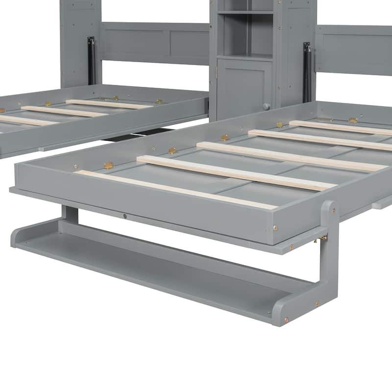 Dual Twin Wall Murphy Bed with Storage Cabinet and Display Shelves, Foldable Wooden Bed Frame for Apartments or Guest Rooms