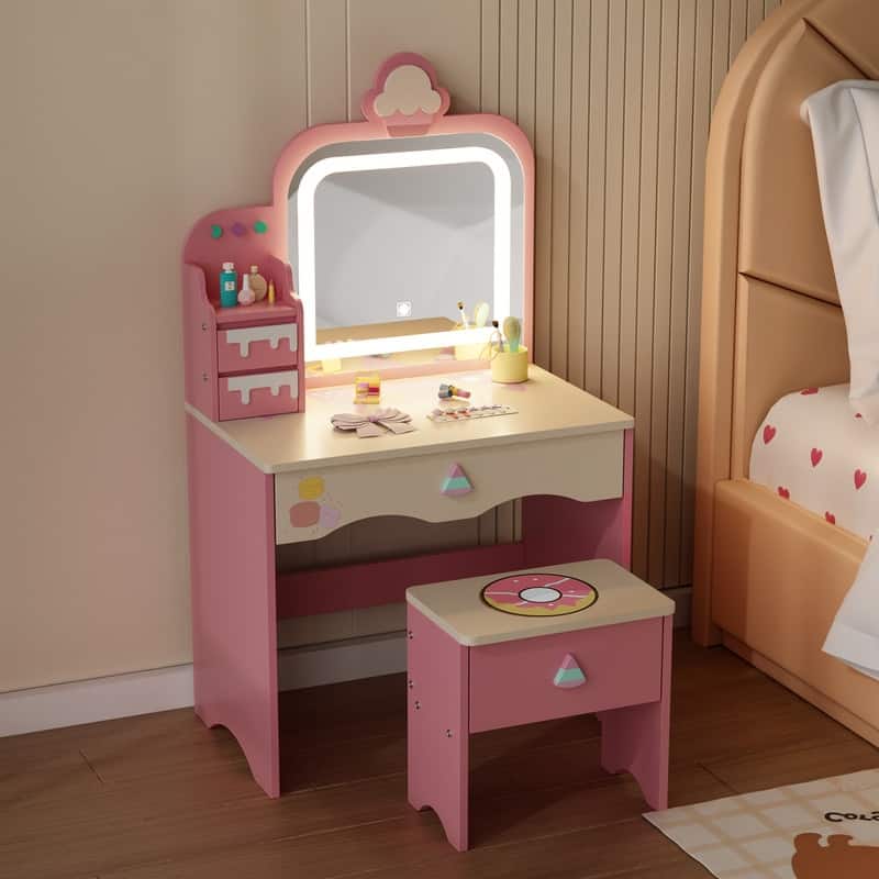 Kids Makeup Desk Vanity Table Set With Cloud-Like Lights And Drawer For Little Girls Ages 3-8 - N/A