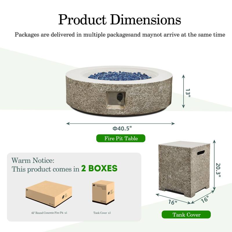 Patio Watcher 42in. Outdoor Round Magnesium Oxide Fire Pit Table with Gas Tank Cover