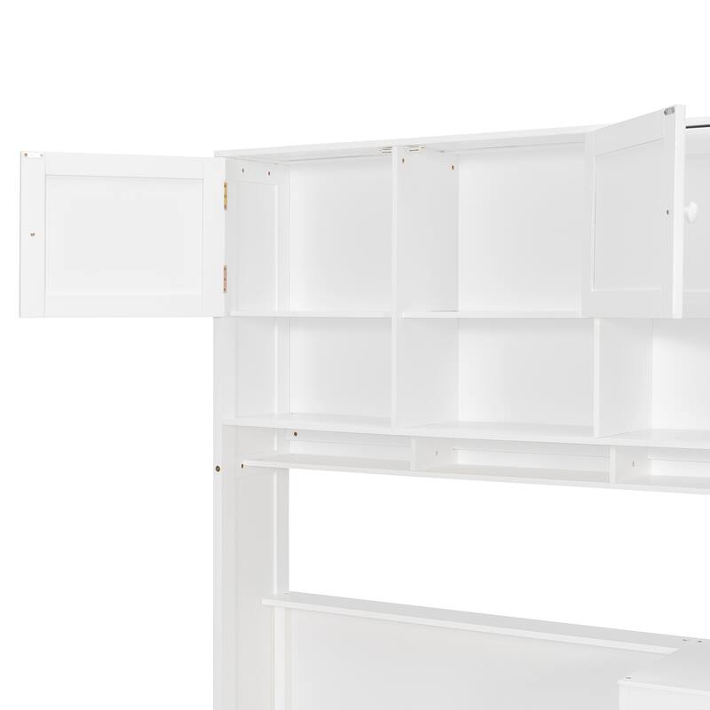 Twin Size Wood Platform Bed with Built-in Desk, Wardrobe, Cabinets & Drawers