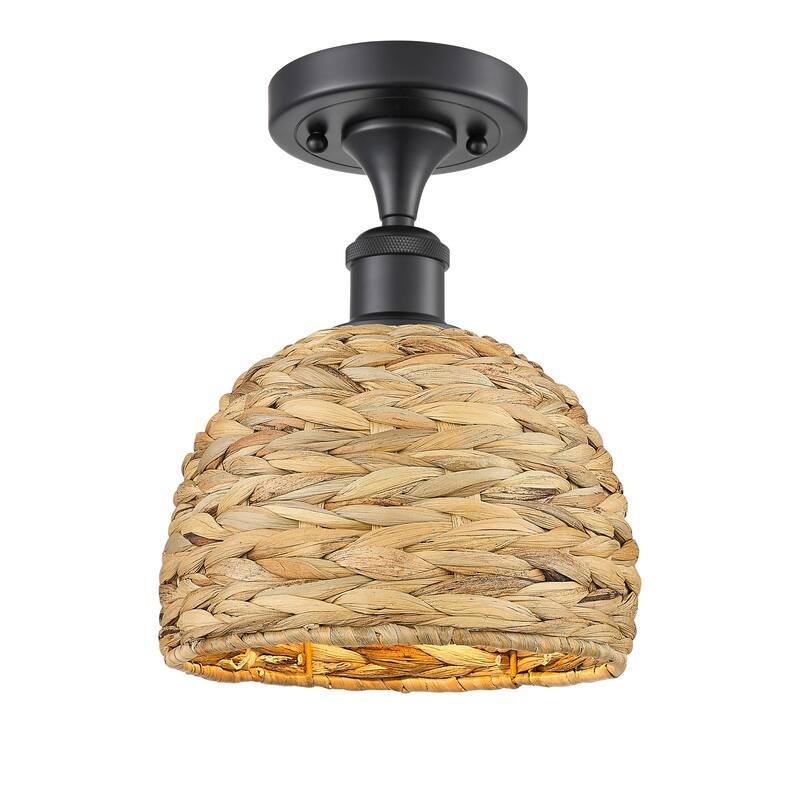 Innovations Lighting Woven Rattan - 1 Light 8" Semi-Flush Mount - Matte Black/Natural Rattan