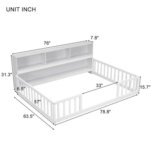 dimension image slide 1 of 2, Full Size Pine Wood Floor Bed with Bedside Bookcase, Shelves and Guardrails for Bedroom