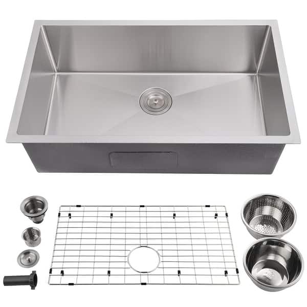 slide 2 of 7, 32 Inch Undermount Kitchen Sink, Brushed Nickel Single Bowl Stainless Steel Kitchen Sink - 32x10x19in Silver - 32x10x19in