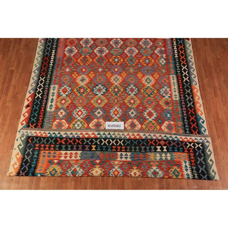 Geometric Kilim Area Rug Flatweave Oriental Orange Wool Carpet - 8'5"x 11'3"