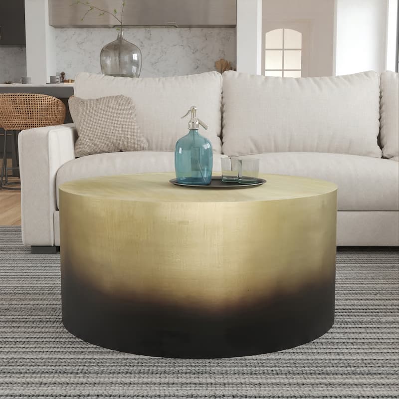 Dyan Coffee Table, 34.5 Inch Round Drum Shape, Black, Gold Antique Brass Ombre