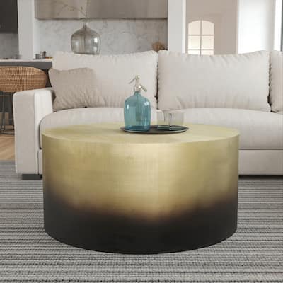Dyan Coffee Table, 34.5 Inch Round Drum Shape, Black, Gold Antique Brass Ombre