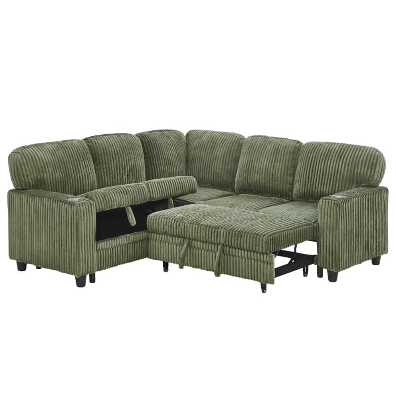 Corduroy Modular Sectional Sleeper Sofa with Pull-Out Bed & Storage, 2-in-1 Convertible Upholstered Sofa Bed with USB Port
