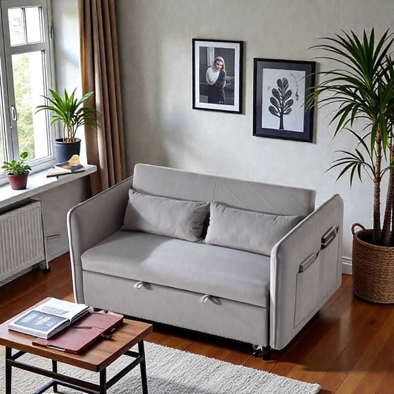 3 in 1 Convertible Sleeper Sofa Bed, Velvet Futon Loveseat with Pull Out Bed, Adjustable Backrest and Side Pockets
