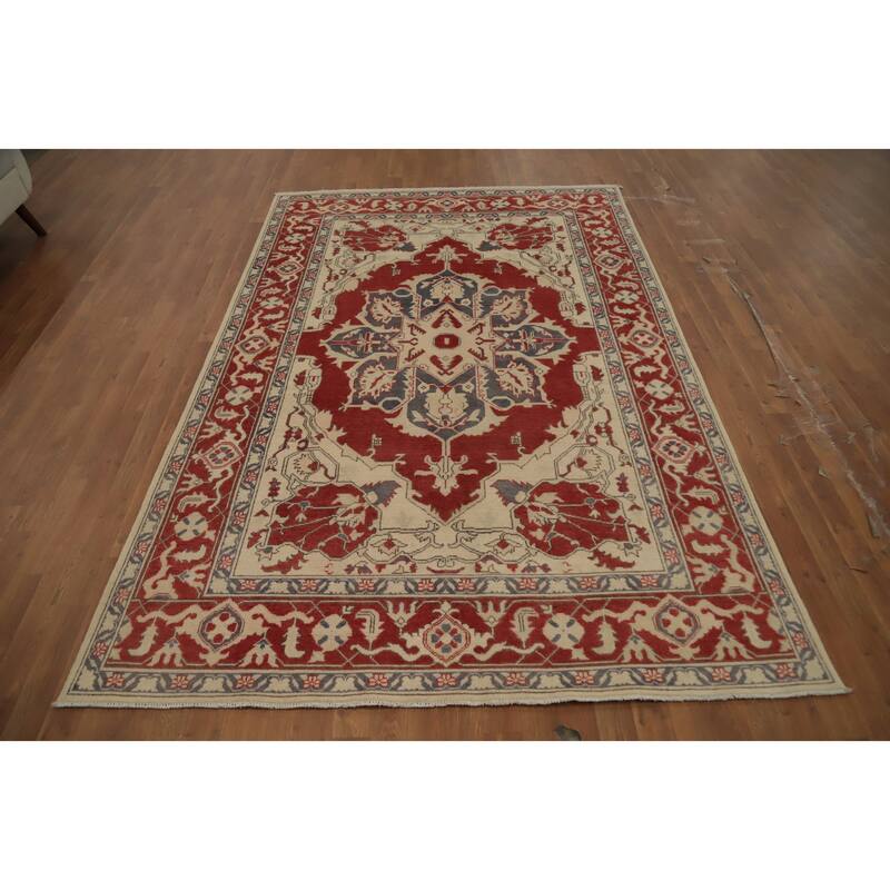 Hand Knotted Oriental 100% Wool Carpet Traditional Medallion Oranges & Rust Heriz (serapi) Area Rug - 9' 0'' X 5' 10''