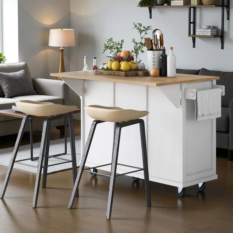 53" Kitchen Island Cart with Rubber Wood Drop Leaf, Rolling Storage Cabinet with Drawers, Spice & Towel Rack