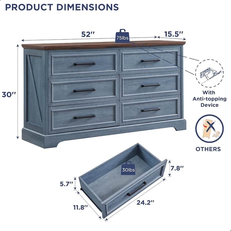 Farmhouse 6 Drawer Dresser for Bedroom, Chest of Drawers, TV Stand