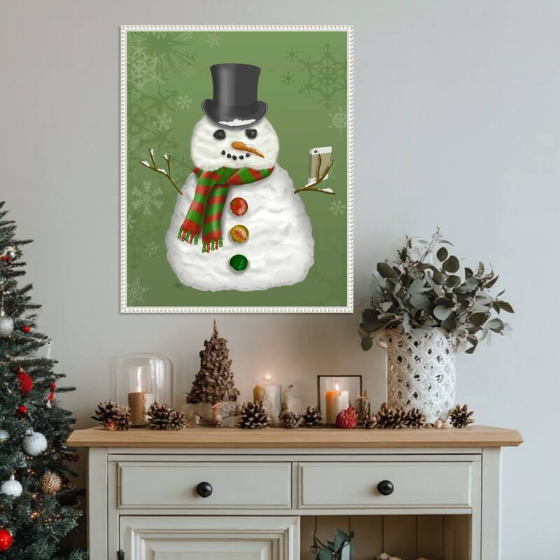 Snowman Selfie by Fab Funky (23 x 28 in.), Framed Canvas Wall Art Print - Sylvie Beaded White