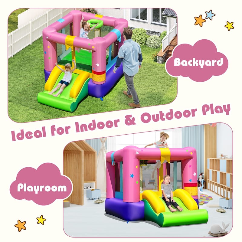 Multi-Color Outdoor and Indoor Kids Inflatable Bounce House with Slide Basketball Hoop and Safety Mesh