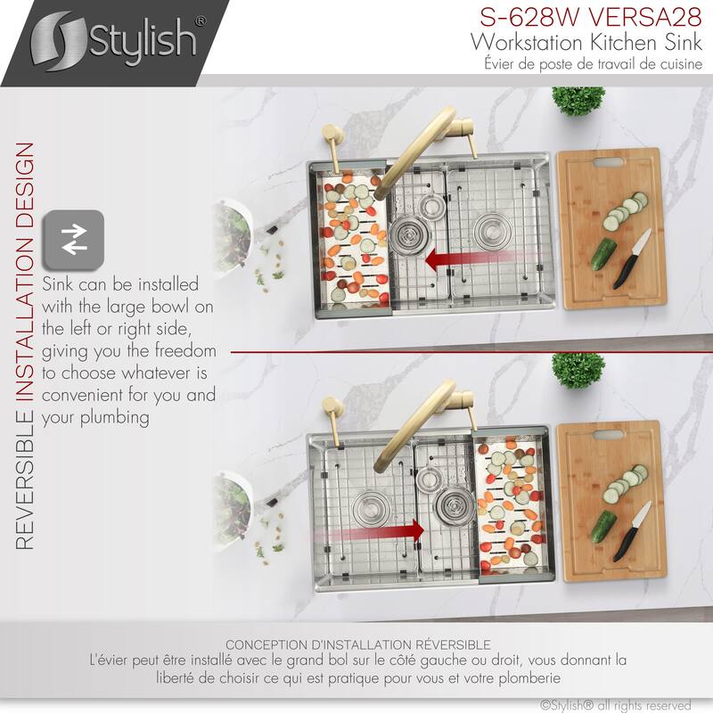 STYLISH 28 inches Workstation 60/40 Double Bowl Undermount 16 Gauge Stainless Steel Kitchen Sink with Accessories included