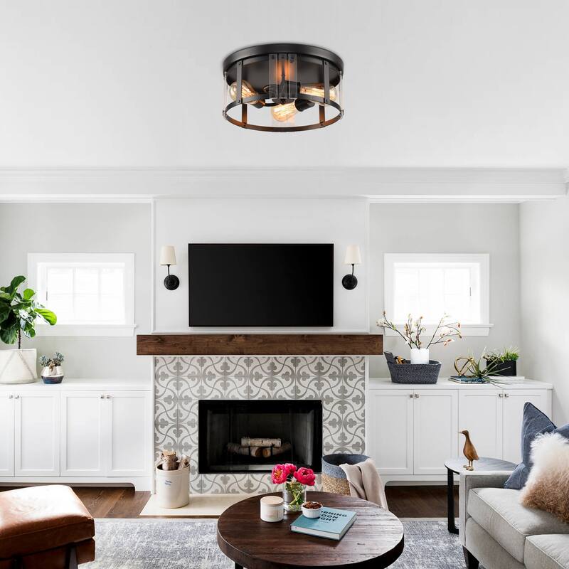 13" Industrail Black 3-Light Flush Mount Caged Ceiling Light - N/A