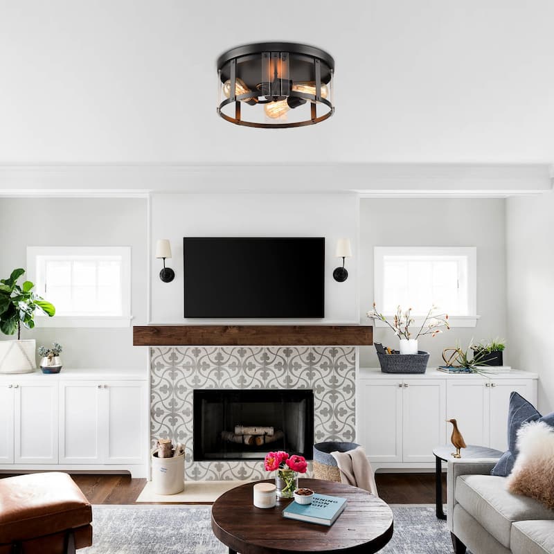 13.3" Industrial Matte Black 3-Light Flush Mount Ceiling Light