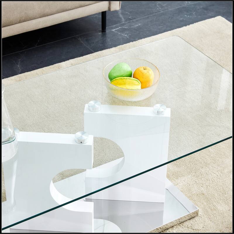 Rectangular Coffee Table with Tempered Glass Tabletop and White MDF Legs