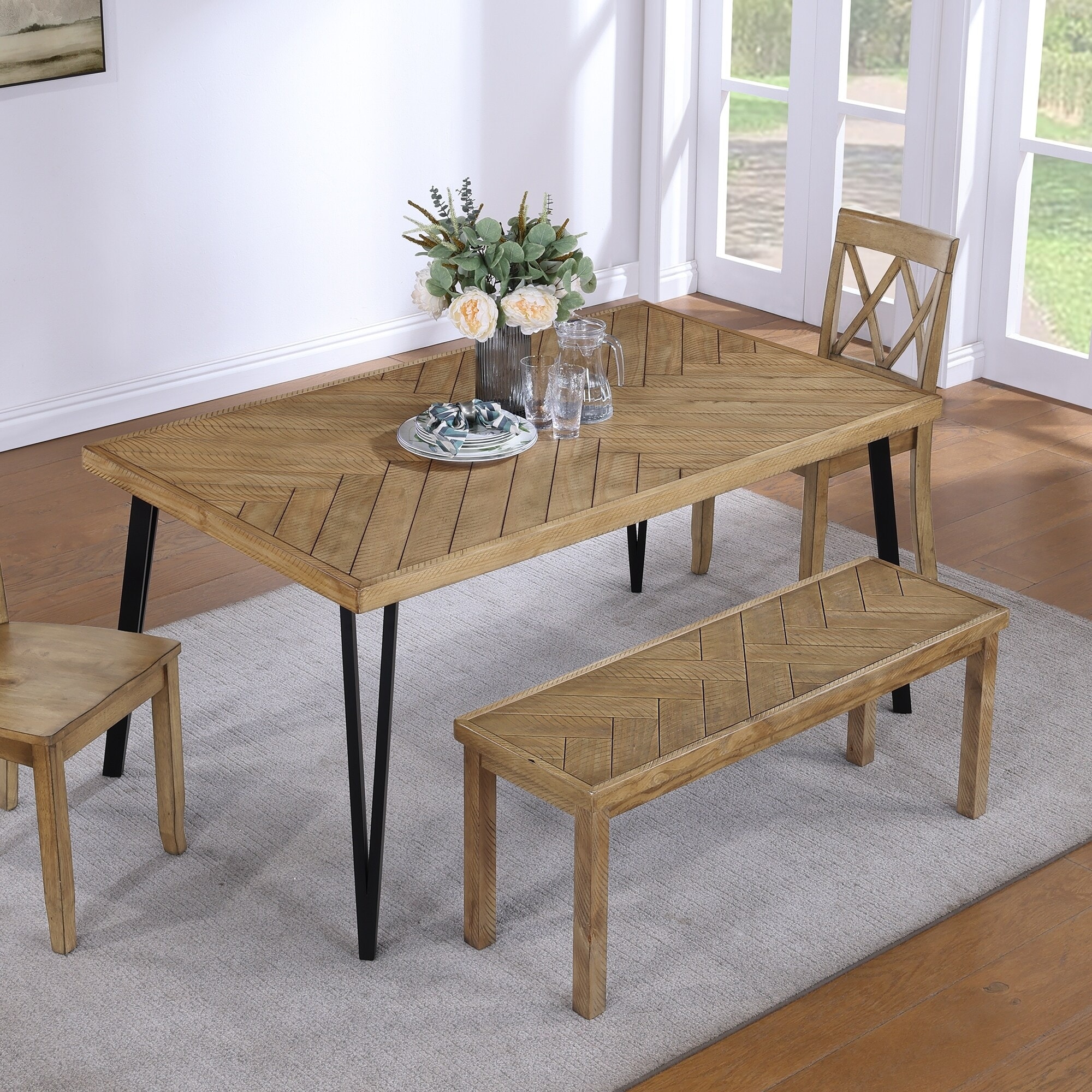 Chevron Pattern 44" Length Wooden Entryway Dining Bench