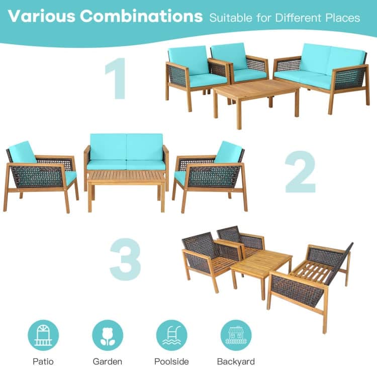 4 Pieces Patio Rattan Furniture Set with Removable Cushions - 30.5" x 48" x 29" (L x W x H)