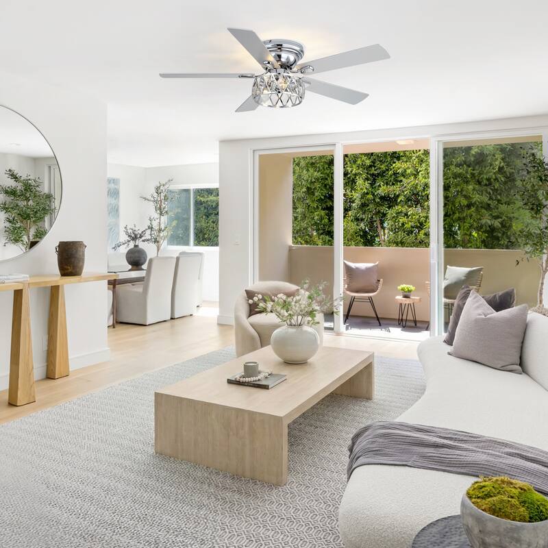 52 inch 5-Blade Flush Mount Crystal Ceiling Fan with Light Remote