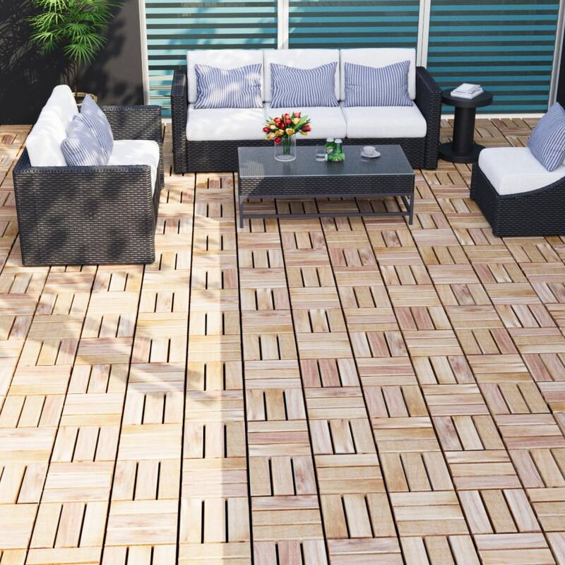 30 PCS Interlocking Deck Tiles Checker Pattern, 12" x 12" Square Acacia Hardwood Outdoor Flooring for Patio,Bancony,Pool Side