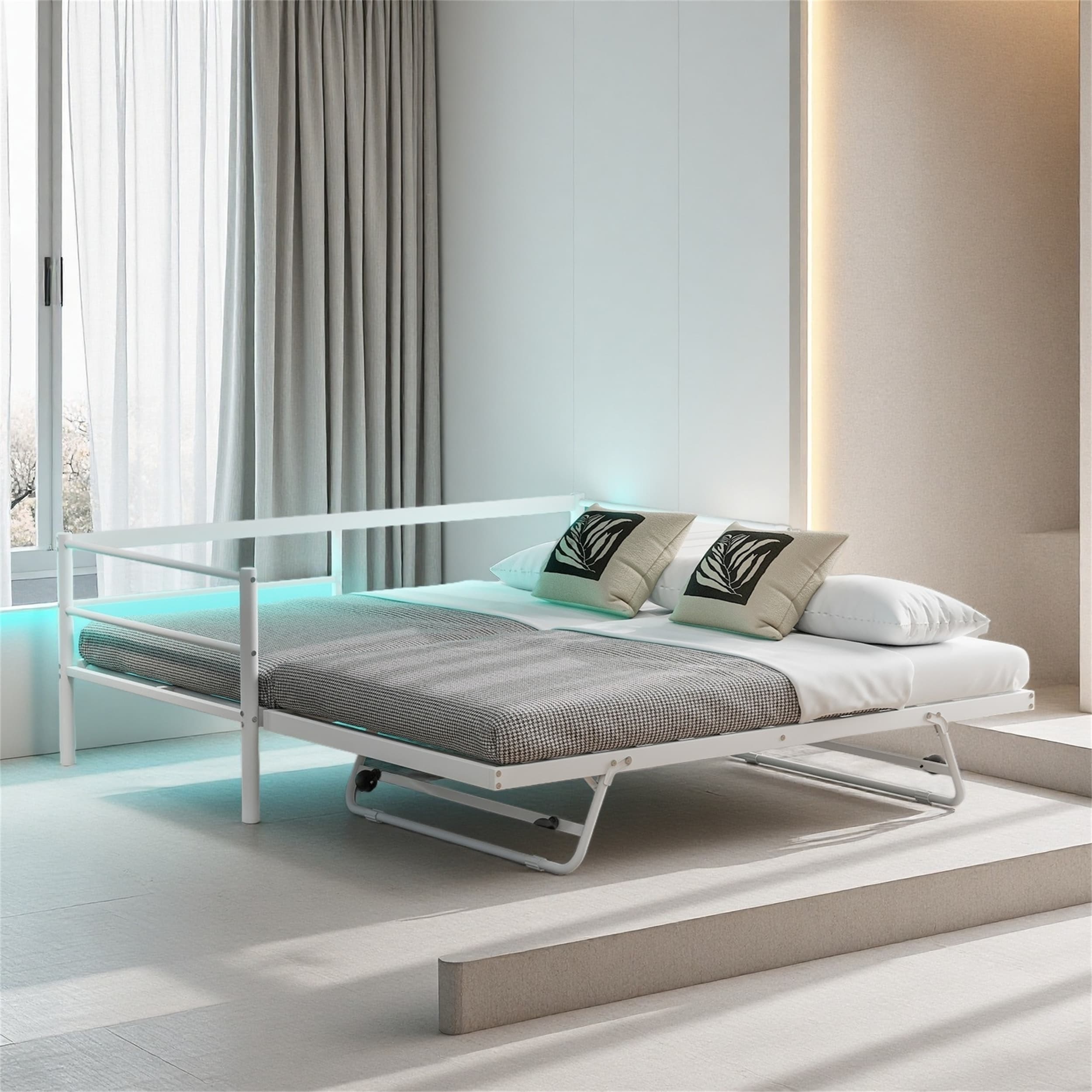 Twin Size Multifunctional Daybed with LED Lighting, Pop-Up Trundle Bed