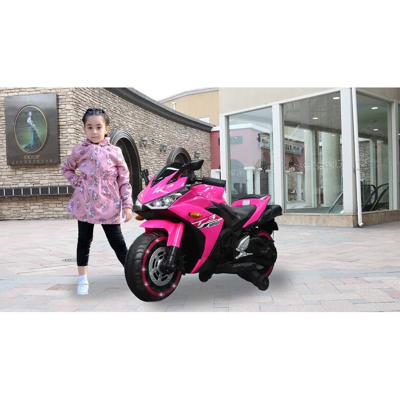Electric Motorcycle with LED Display, Pink Children's Ride-On Motorcycle with Illuminated Tires, Child Carriage with Handle