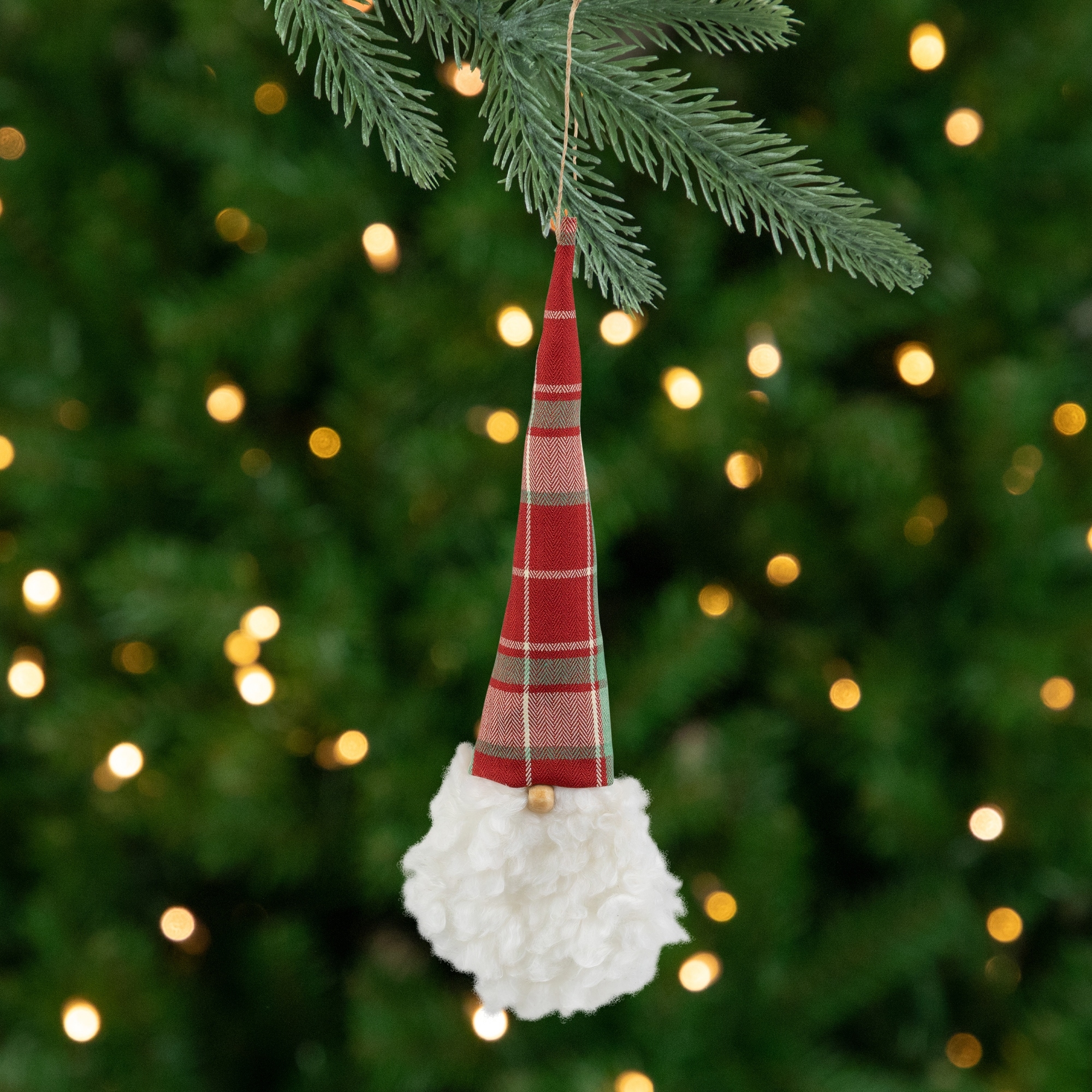 11" Plaid Green and Red Santa Head With a Warm Hat Christmas Ornament