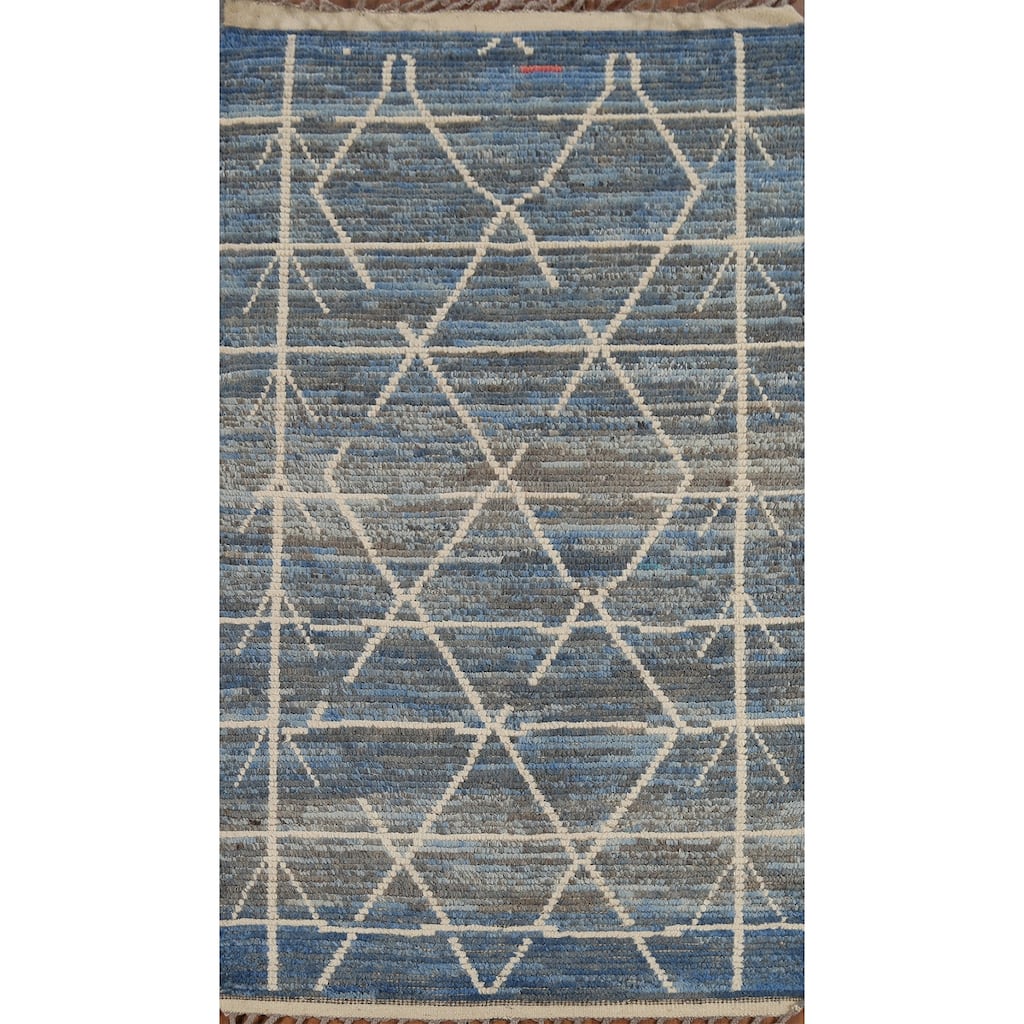 Striped Blue Moroccan Oriental Area Rug Handmade Wool Carpet - 3'10"x 6'9"