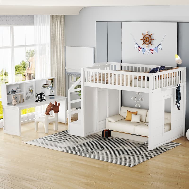 Children's Bedroom Solid Wood Loft Bed with Movable Desk, Storage Stairs, Shelves, Safety Guardrails and Optional Full or Twin