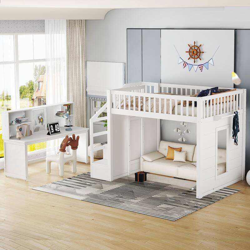 Full Size loft bed with movable desk and storage shelf, featuring storage stairs