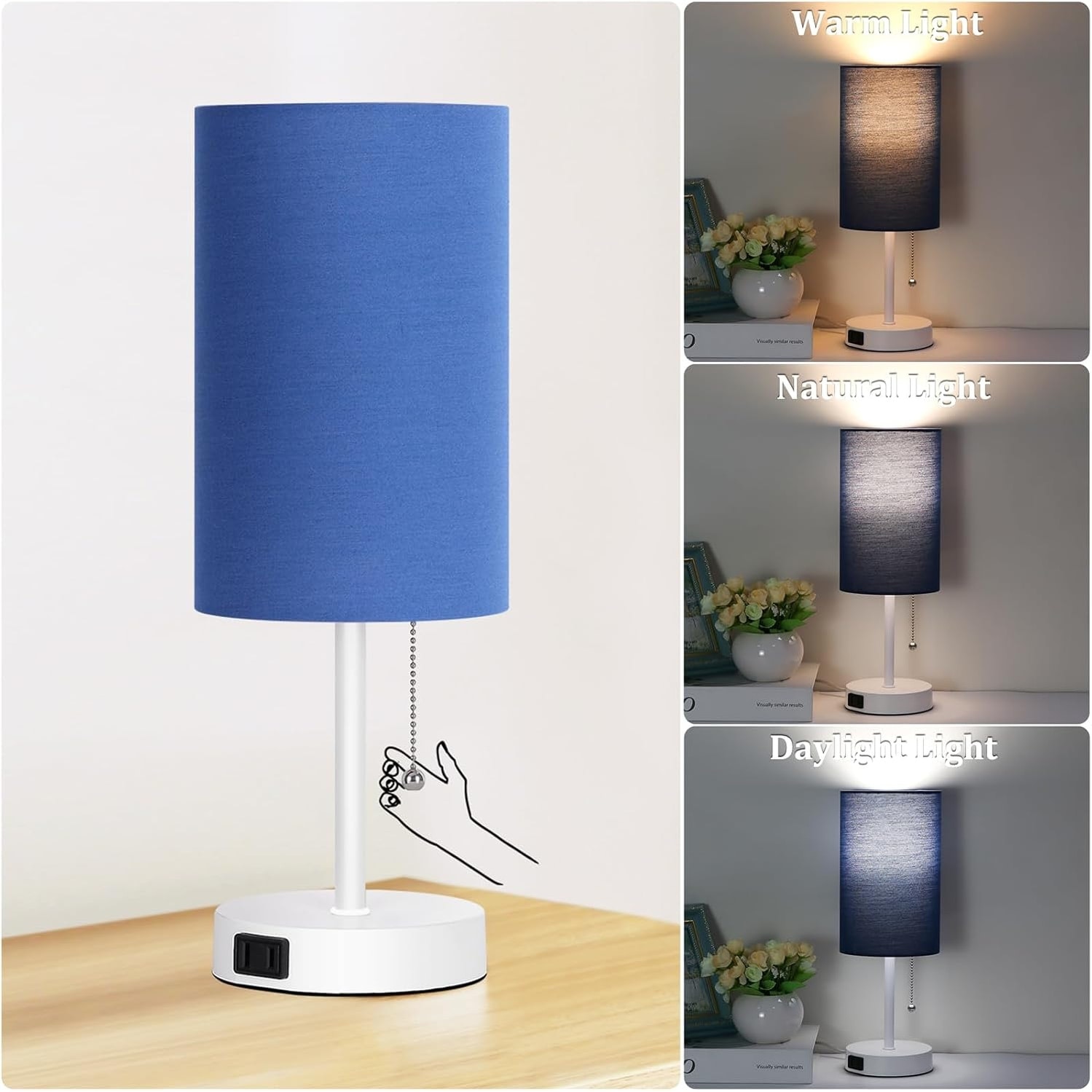 Table Lamp for Bedroom, 3-Color Bedside Lamps with Pull Chain