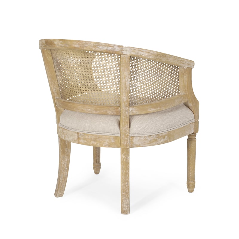 Roomfitters Natural Rattan Barrel Accent Chair, Cane Woven Backrest with Upholstered Seat