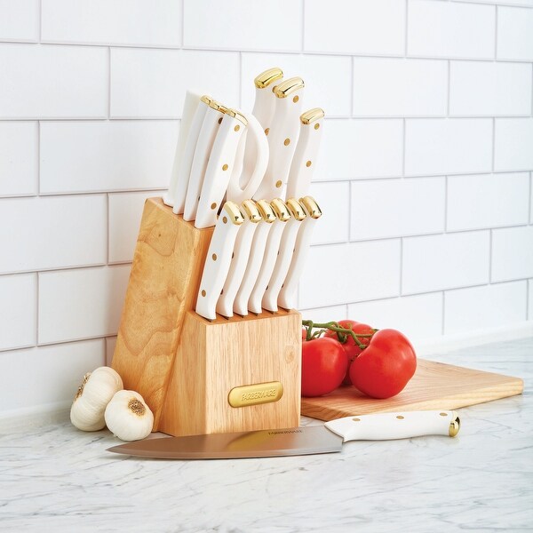 Farberware 15-Piece Triple Riveted Knife Block Set, White and Gold