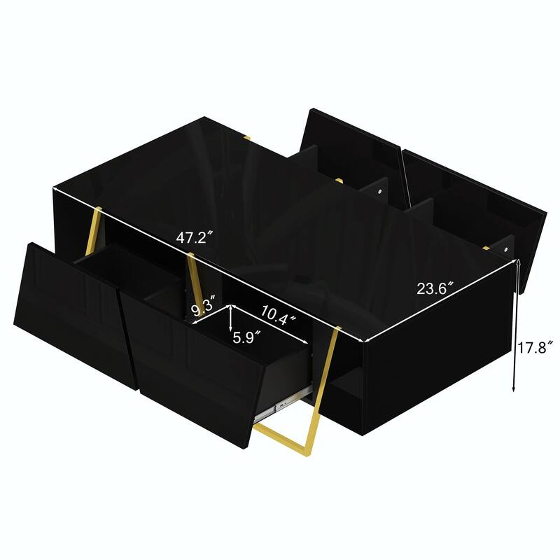 47.2" Modern Rectangular High Gloss Coffee Table - 4 Drawers, Storage, Gold Base