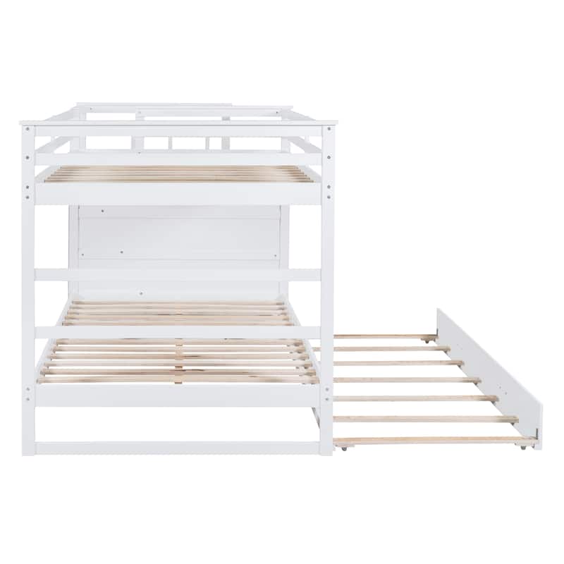 Twin/Full Size Bunk Bed with Trundle Bed and Storage Staircase, Solid Pinewood Bunk Bed Frame with Safety Guardrail