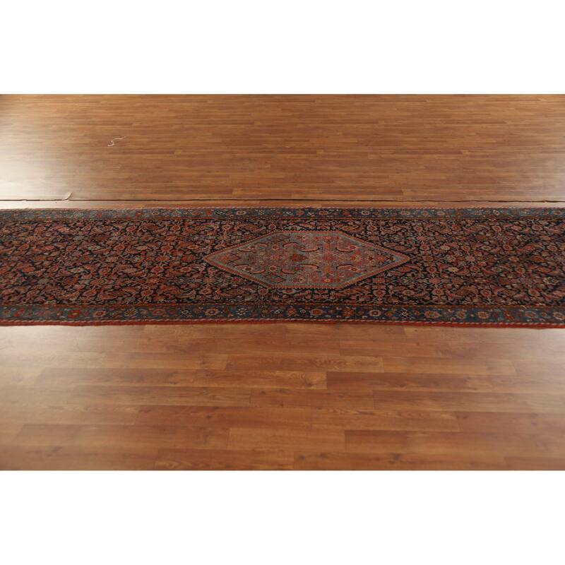 Hand Knotted Oriental 100% Wool Carpet Traditional Geometric Navy Blue & Blues Bidjar Runner Rug - 19' 6'' X 3' 5''